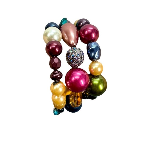 Chico's Jewelry - Chicos Stretch Gemstone Bracelet 3 Layers Beaded Bauble Multicolor Chunky Beads